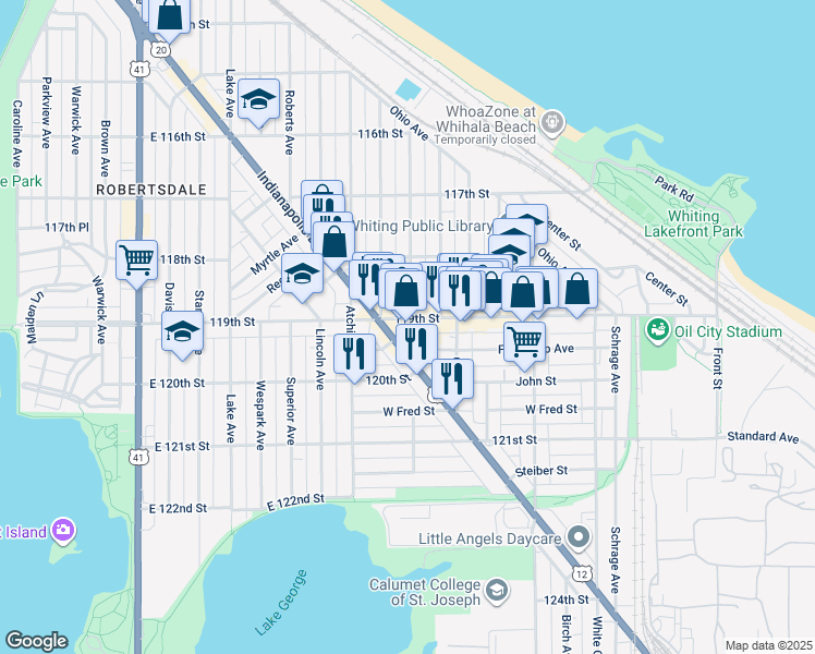map of restaurants, bars, coffee shops, grocery stores, and more near 1246 119th Street in Whiting