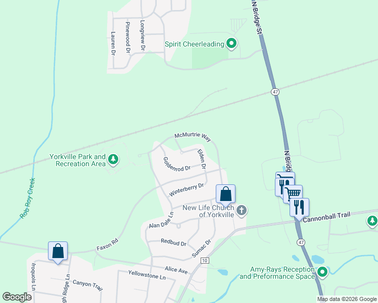 map of restaurants, bars, coffee shops, grocery stores, and more near 2741 Elden Drive in Yorkville