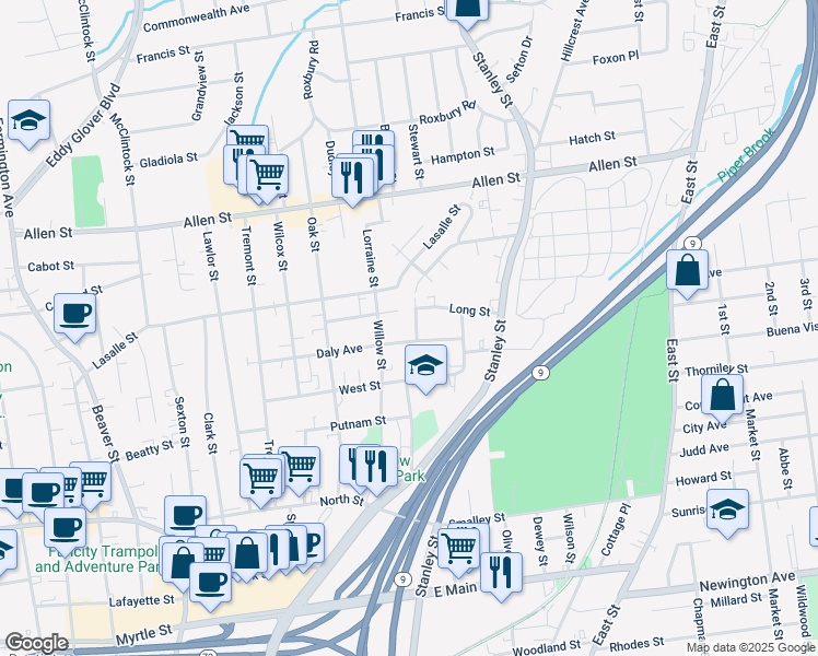 map of restaurants, bars, coffee shops, grocery stores, and more near 10 Ledgecrest Avenue in New Britain