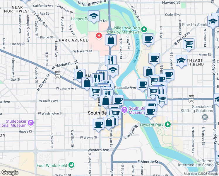 map of restaurants, bars, coffee shops, grocery stores, and more near 120 West La Salle Avenue in South Bend