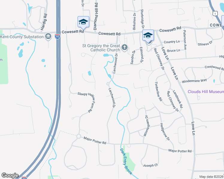 map of restaurants, bars, coffee shops, grocery stores, and more near 222 Larchwood Drive in Warwick