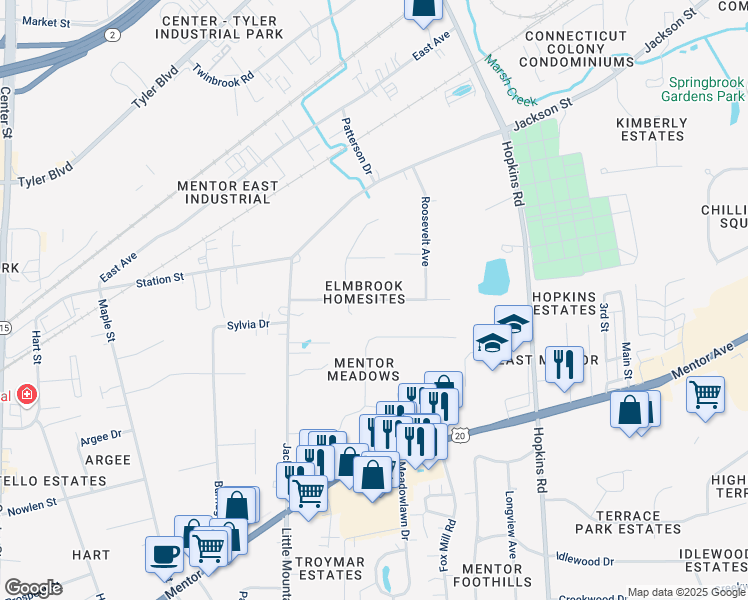 map of restaurants, bars, coffee shops, grocery stores, and more near Spring Valley Drive in Mentor
