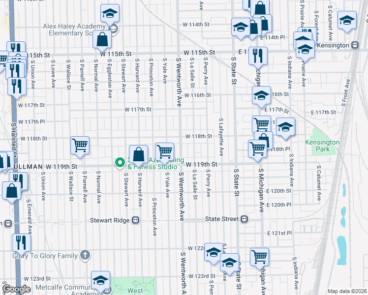 map of restaurants, bars, coffee shops, grocery stores, and more near 11825 South Wentworth Avenue in Chicago