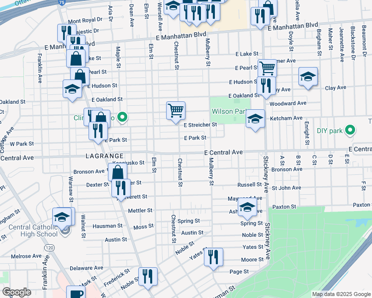 map of restaurants, bars, coffee shops, grocery stores, and more near 513 East Central Avenue in Toledo