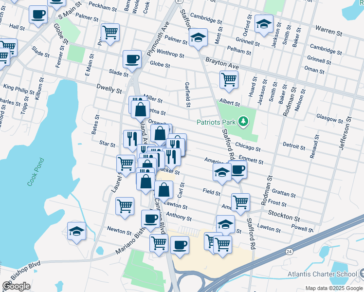 map of restaurants, bars, coffee shops, grocery stores, and more near 146 Lisbon Street in Fall River