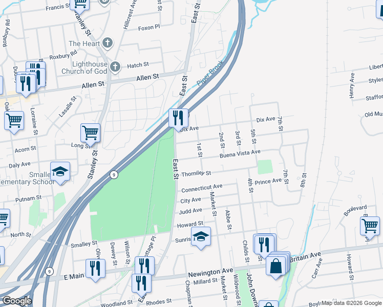 map of restaurants, bars, coffee shops, grocery stores, and more near 44 Greenfield Drive in New Britain