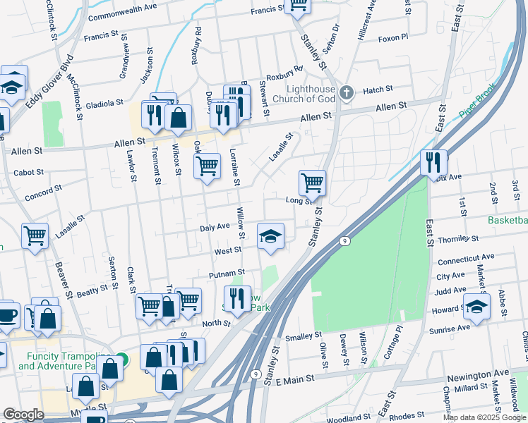 map of restaurants, bars, coffee shops, grocery stores, and more near 10 Ledgecrest Avenue in New Britain