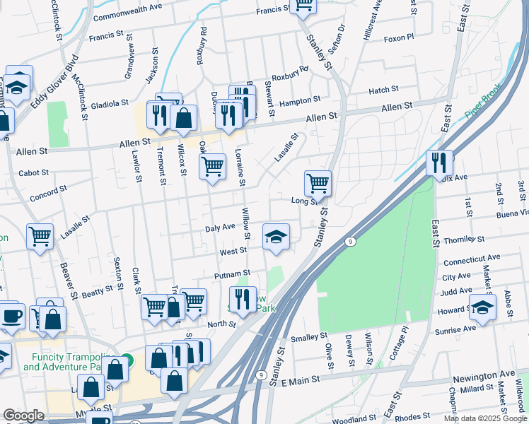map of restaurants, bars, coffee shops, grocery stores, and more near 10 Ledgecrest Avenue in New Britain