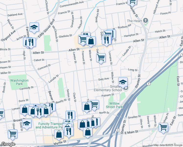map of restaurants, bars, coffee shops, grocery stores, and more near 68 Wilcox Street in New Britain