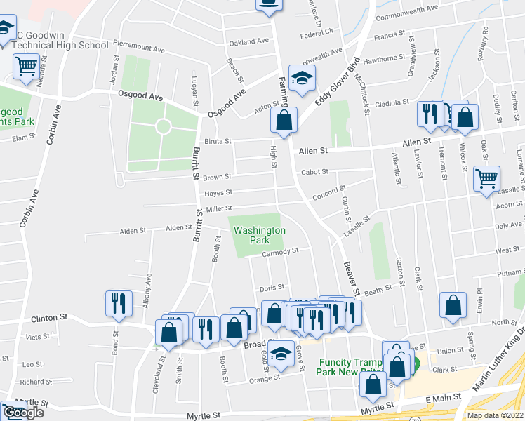 map of restaurants, bars, coffee shops, grocery stores, and more near 54 Miller Street in New Britain