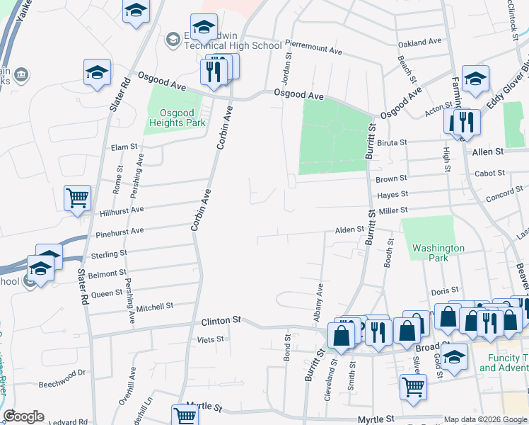 map of restaurants, bars, coffee shops, grocery stores, and more near 155 Alden Street in New Britain