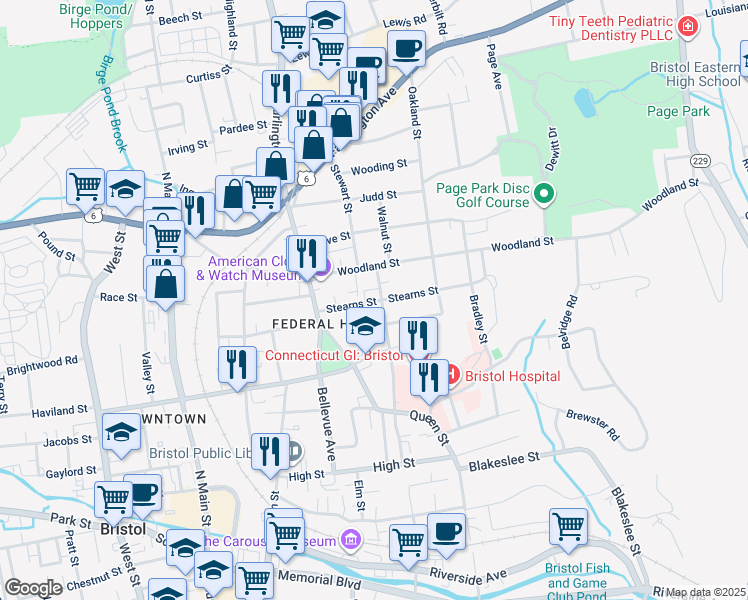 map of restaurants, bars, coffee shops, grocery stores, and more near 55 Stearns Street in Bristol