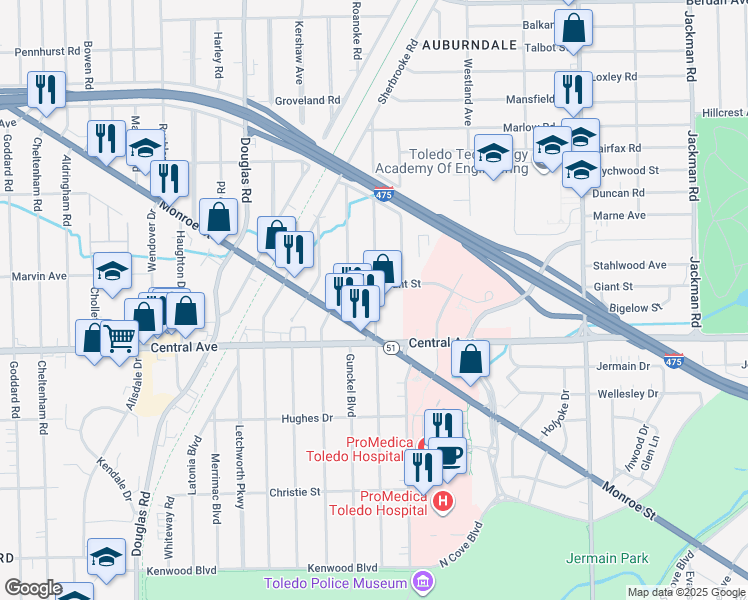 map of restaurants, bars, coffee shops, grocery stores, and more near 3141 Northwood Avenue in Toledo