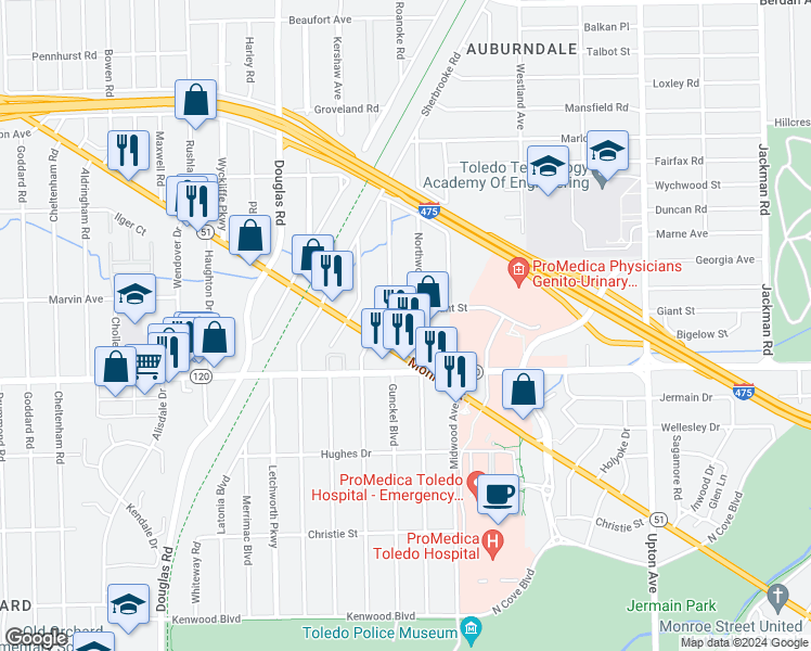 map of restaurants, bars, coffee shops, grocery stores, and more near 3141 Northwood Avenue in Toledo