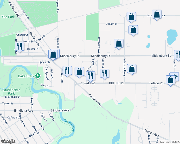 map of restaurants, bars, coffee shops, grocery stores, and more near in Elkhart