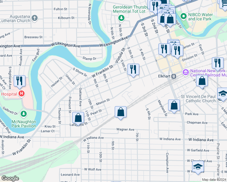 map of restaurants, bars, coffee shops, grocery stores, and more near 718 Mason Street in Elkhart
