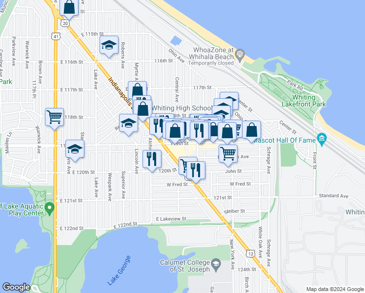 map of restaurants, bars, coffee shops, grocery stores, and more near 1246 119th Street in Whiting
