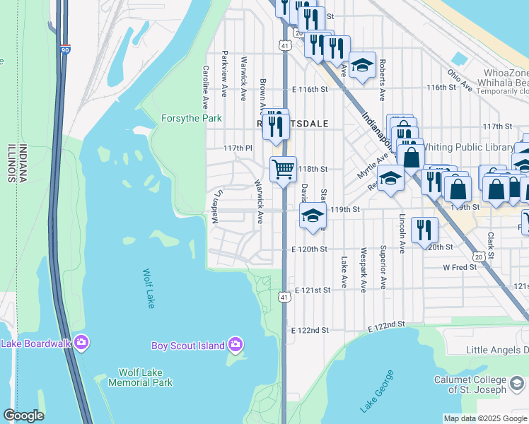 map of restaurants, bars, coffee shops, grocery stores, and more near 702 119th Street in Whiting