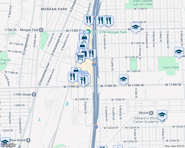 map of restaurants, bars, coffee shops, grocery stores, and more near S Paulina St in Chicago
