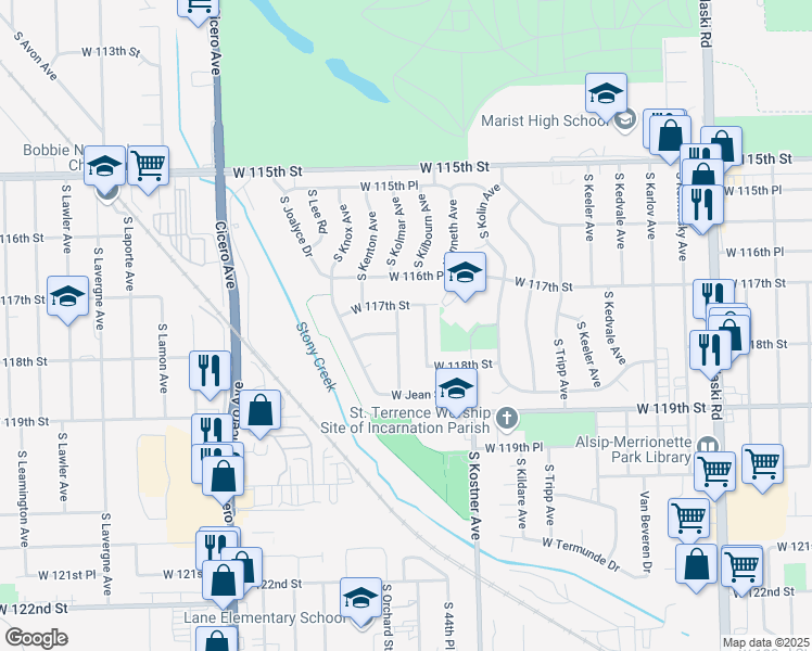 map of restaurants, bars, coffee shops, grocery stores, and more near 11711 South Rosemary Lane in Chicago