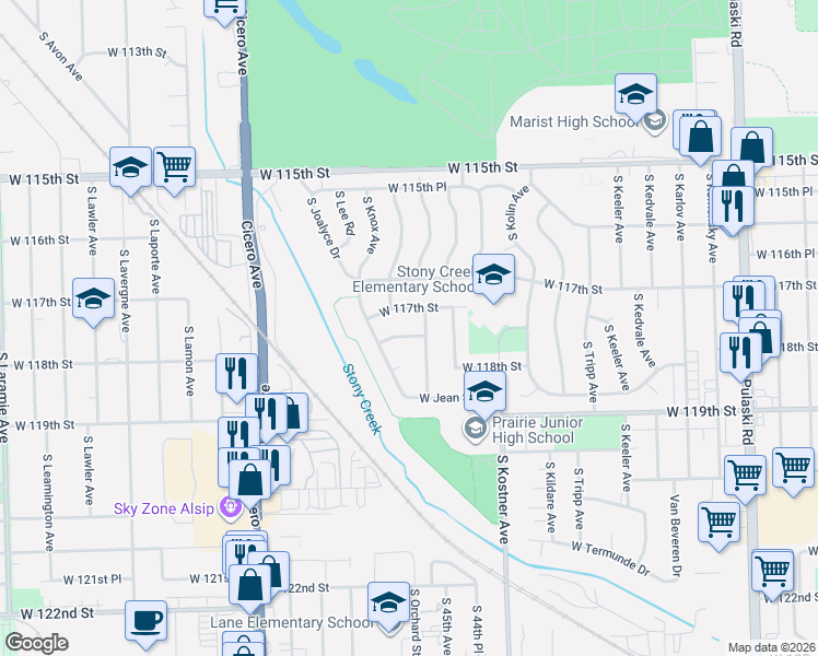 map of restaurants, bars, coffee shops, grocery stores, and more near 4522 West Howdy Lane in Alsip