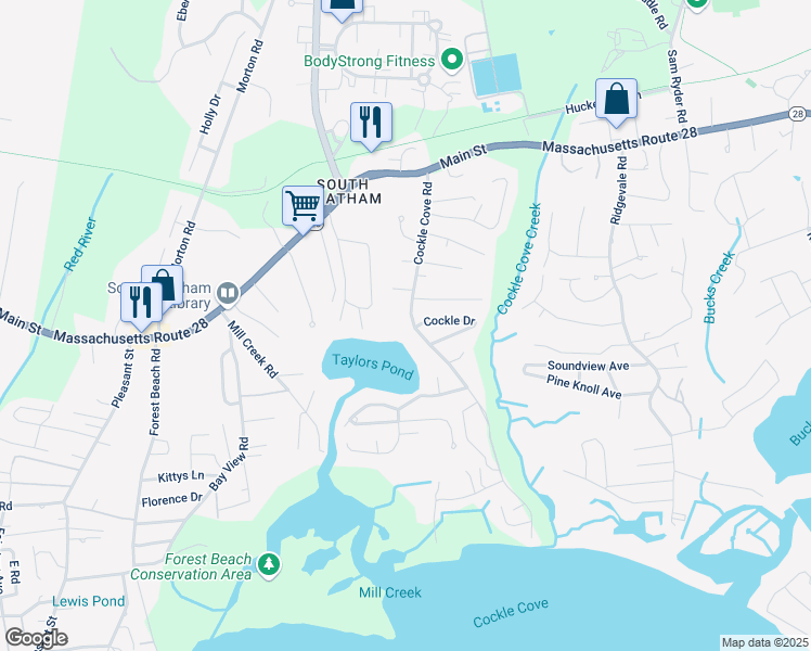 map of restaurants, bars, coffee shops, grocery stores, and more near 158 Cockle Cove Road in Chatham