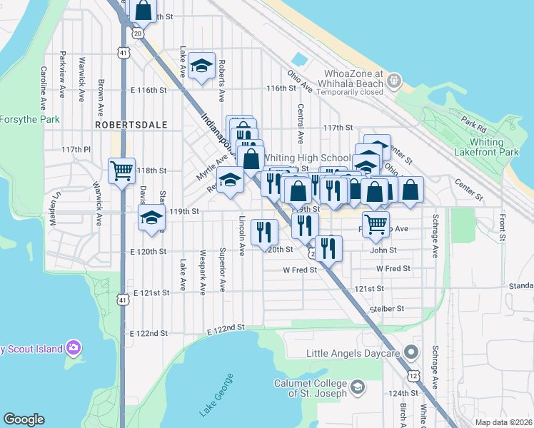 map of restaurants, bars, coffee shops, grocery stores, and more near 1200 119th Street in Whiting