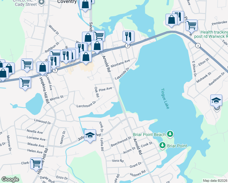 map of restaurants, bars, coffee shops, grocery stores, and more near 129 Arnold Road in Coventry