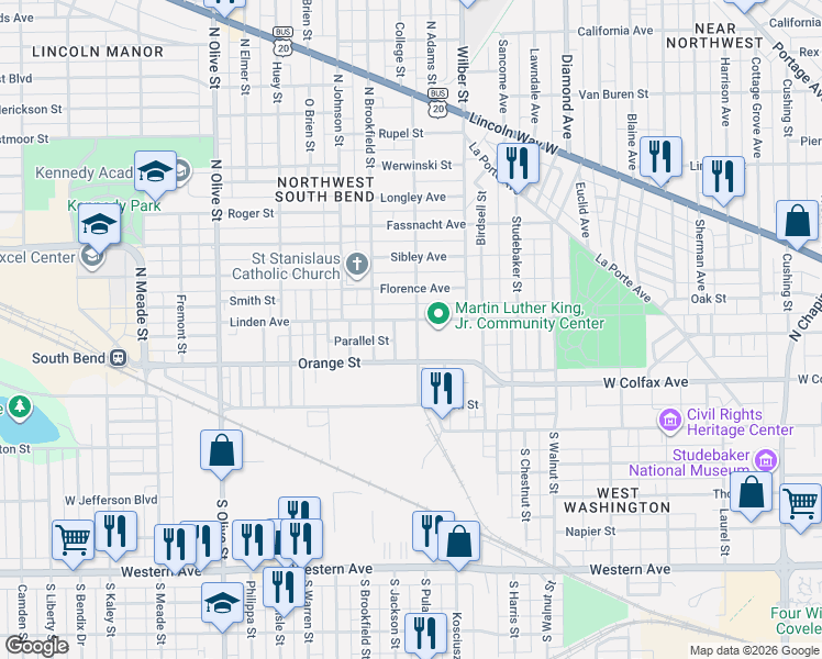 map of restaurants, bars, coffee shops, grocery stores, and more near 218-298 College St in South Bend