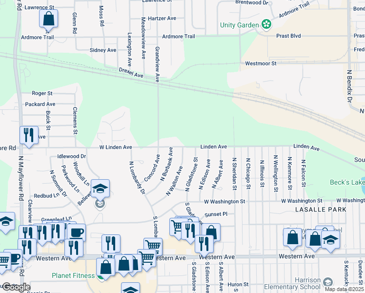 map of restaurants, bars, coffee shops, grocery stores, and more near 4400 West Linden Avenue in South Bend