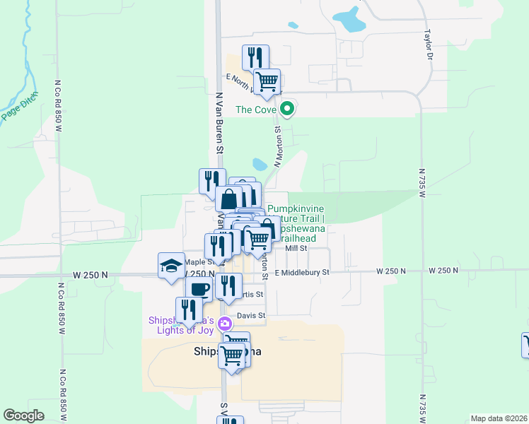 map of restaurants, bars, coffee shops, grocery stores, and more near 449 Morton St in Shipshewana