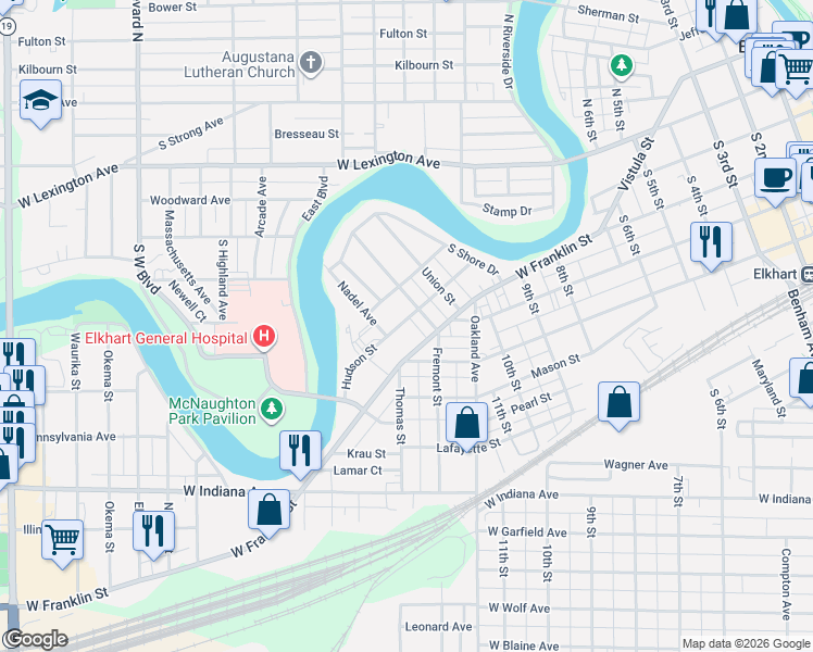 map of restaurants, bars, coffee shops, grocery stores, and more near 1315 Hudson Street in Elkhart