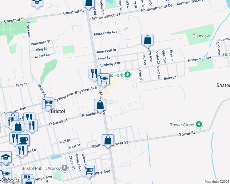 map of restaurants, bars, coffee shops, grocery stores, and more near 386 Metacom Avenue in Bristol