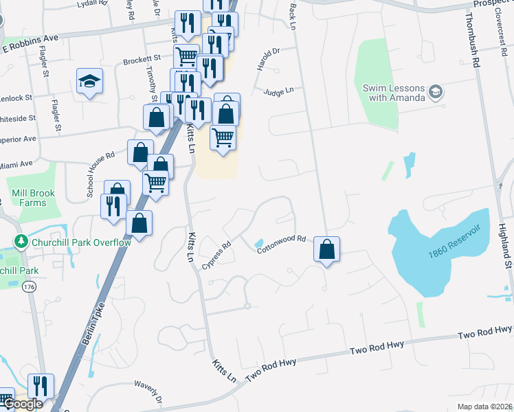 map of restaurants, bars, coffee shops, grocery stores, and more near 405 Cypress Road in Newington