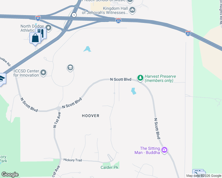 map of restaurants, bars, coffee shops, grocery stores, and more near Scott Boulevard in Iowa City