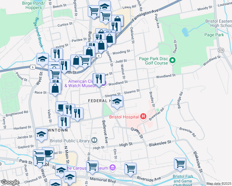 map of restaurants, bars, coffee shops, grocery stores, and more near 55 Stearns Street in Bristol