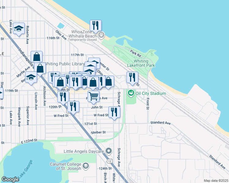 map of restaurants, bars, coffee shops, grocery stores, and more near 1600 White Oak Avenue in Whiting