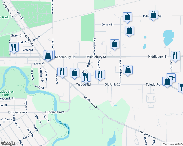 map of restaurants, bars, coffee shops, grocery stores, and more near 614 Clarinet Boulevard East in Elkhart