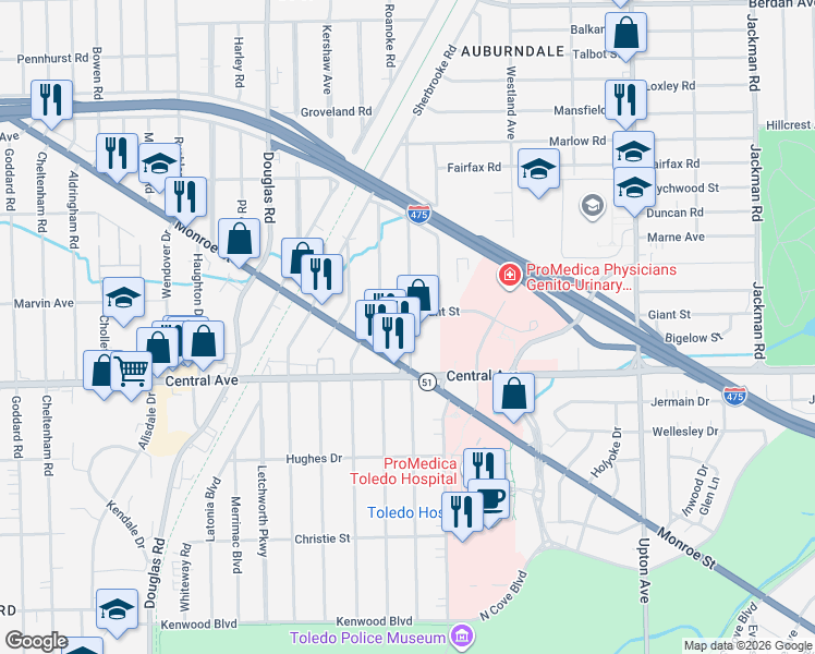 map of restaurants, bars, coffee shops, grocery stores, and more near 3141 Northwood Avenue in Toledo
