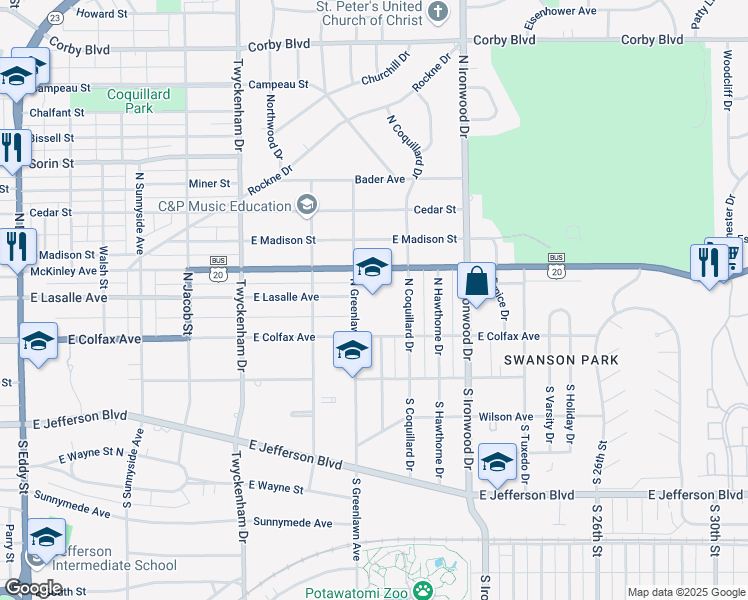 map of restaurants, bars, coffee shops, grocery stores, and more near 228 North Greenlawn Avenue in South Bend