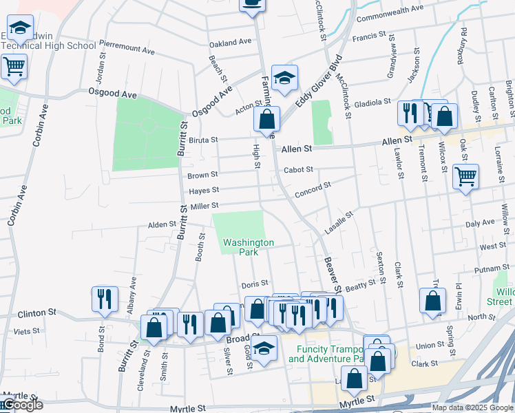 map of restaurants, bars, coffee shops, grocery stores, and more near 54 Miller Street in New Britain