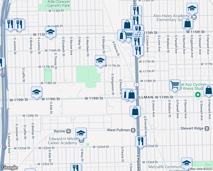 map of restaurants, bars, coffee shops, grocery stores, and more near 11813 South Morgan Street in Chicago