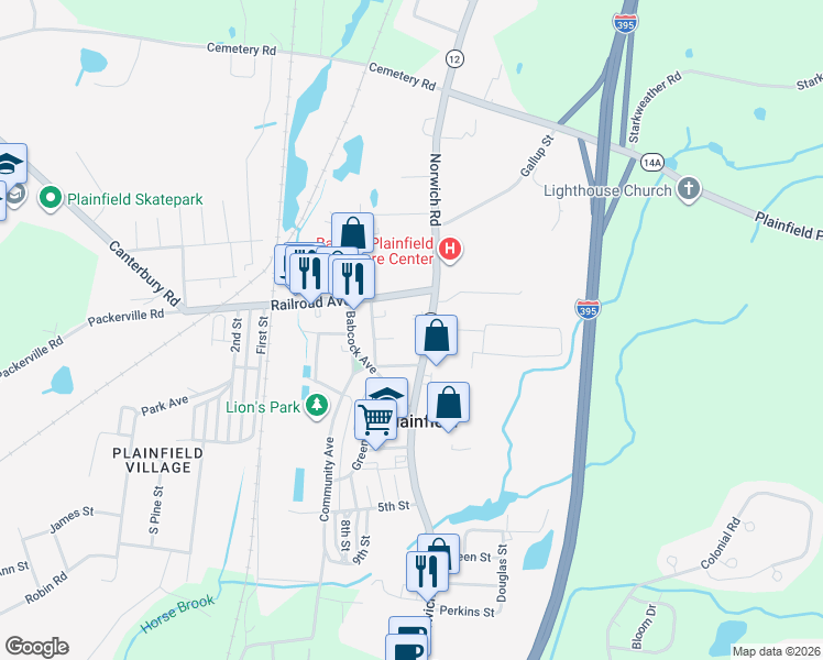 map of restaurants, bars, coffee shops, grocery stores, and more near 2 Center Street in Plainfield