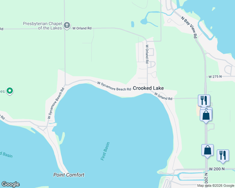 map of restaurants, bars, coffee shops, grocery stores, and more near 2625 West Sycamore Beach Road in Angola