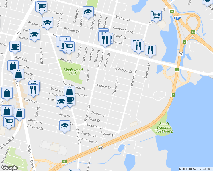 map of restaurants, bars, coffee shops, grocery stores, and more near 30 Detroit Street in Fall River
