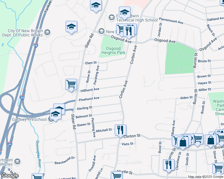 map of restaurants, bars, coffee shops, grocery stores, and more near 50 Hillhurst Avenue in New Britain