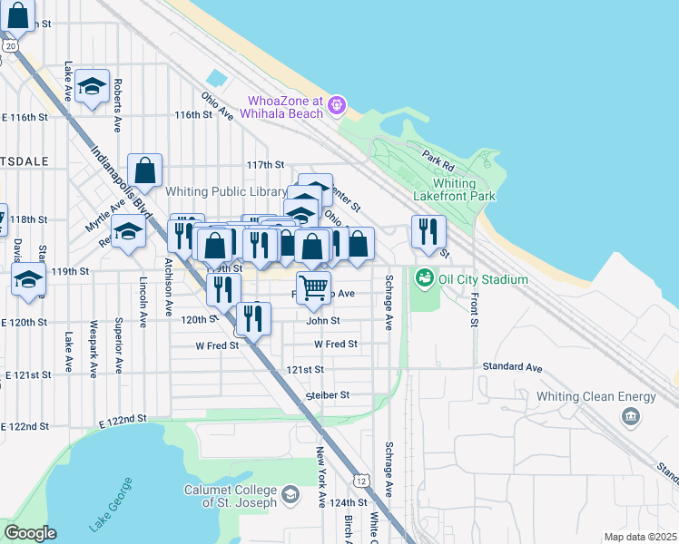 map of restaurants, bars, coffee shops, grocery stores, and more near 1522 119th Street in Whiting