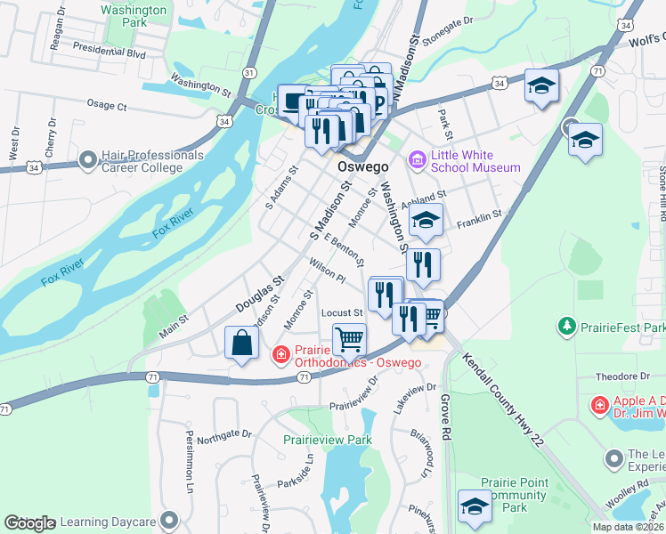 map of restaurants, bars, coffee shops, grocery stores, and more near 148 Wilson Place in Oswego