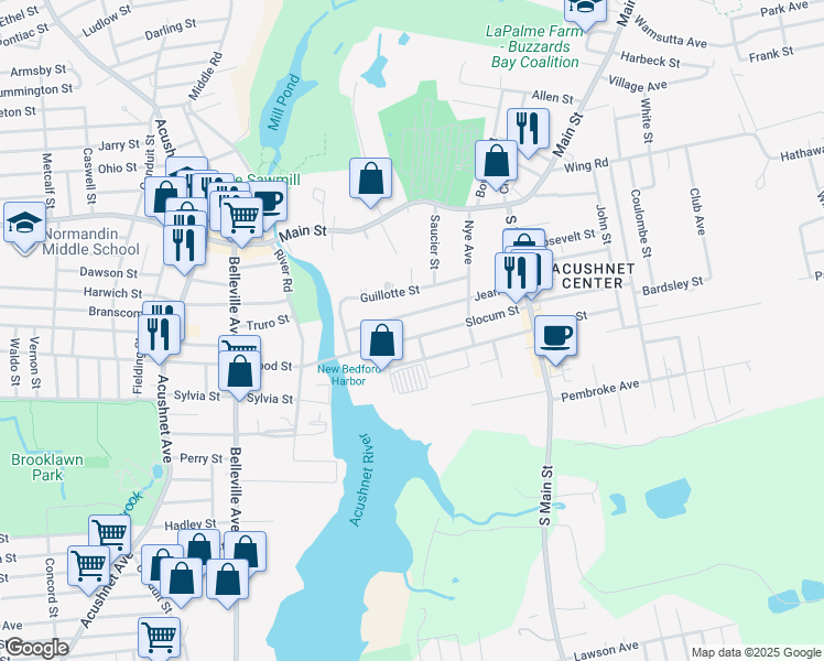 map of restaurants, bars, coffee shops, grocery stores, and more near 25 Slocum Street in Acushnet