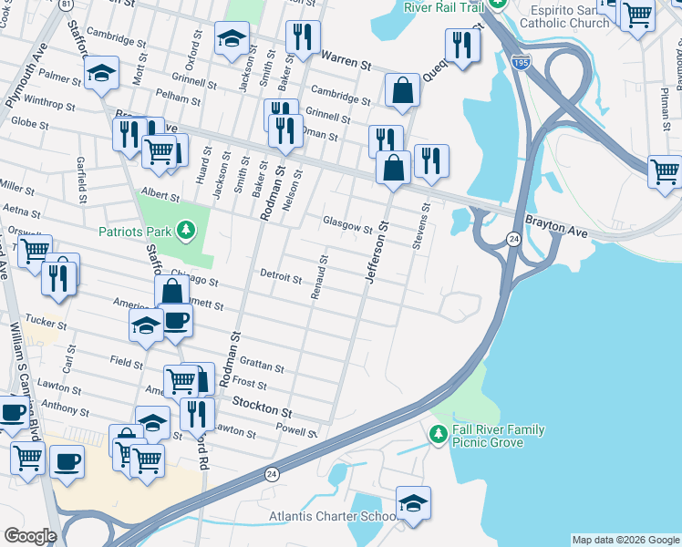 map of restaurants, bars, coffee shops, grocery stores, and more near 195 Denver Street in Fall River